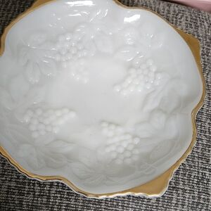 lVintage Anchor Hocking Milk Glass 10"  Bowl Embossed Grapes w/Gold Trim.